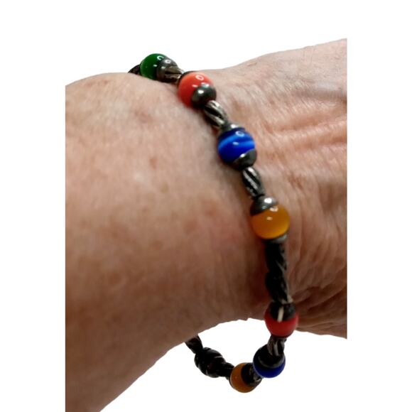 ๐ VTG Cats Eye Stretch Bracelet | Multicolor Fiber Optic Beads Silver Tone - Picture 5 of 12